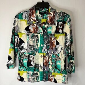 Kaktus Women's Multicolor Abstract Face Print Linen Cotton Blend Jacket Size S
